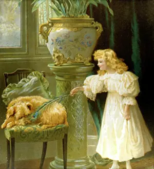 Tease: Girl tickles dog with feather