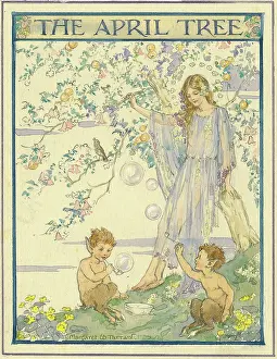 Faun: A girl by a tree with two fauns blowing bubbles