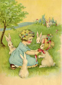 Bunnies: Girl tying Bonnet onto Bunny