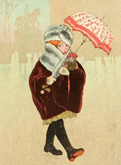 Outings: Girl with an umbrella, wrapped up against the cold