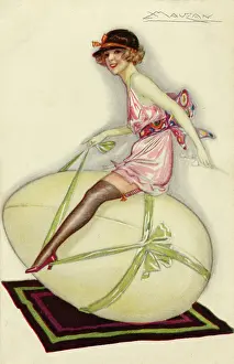 Silky: Girl in her underwear riding a large Easter egg