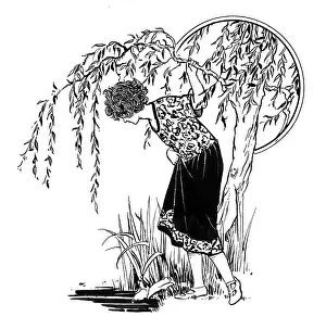 Willows: Girl by willow tree looking at pond