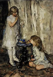 Netherlandish: Two Girls Blowing Bubbles, c. 1880, by Jacob Maris (1837-189