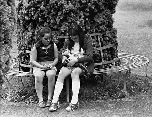 Two girls and a cat on a tree seat
