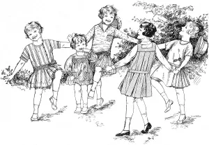 Goochs: Five girls dancing in a garden