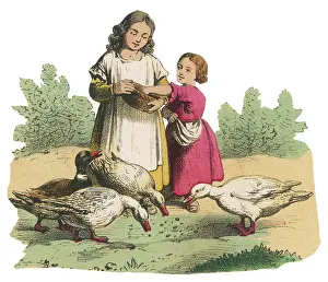 C1850: Girls Feed Ducks - circa 1850