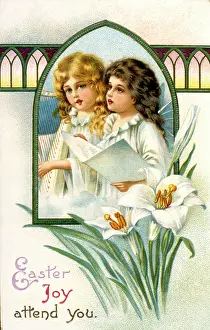 Lilies: Girls and flowers on an Easter card