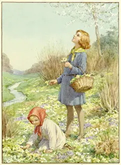 Lark: Two girls picking wild flowers by a stream