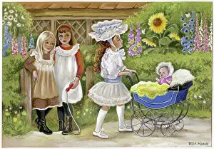 Posh: Three girls - one pushing a doll's pram