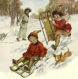 Sledding: Girls Sledding with Dog