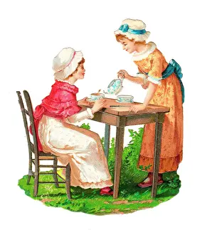 Teacups: Two girls taking tea on a Victorian scrap