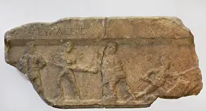 Gladiators: Gladiator fight. Fragment of a marble slab. From