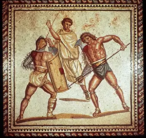 Gladiators: Gladiators in the arena. Roman mosaic