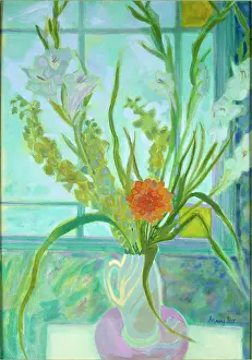 Dahlia: Gladioli ' and dahlia in jug