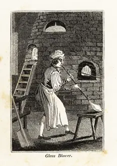F.c. And J. Rivington: Glass-blower in apron blowing a glass bottle in