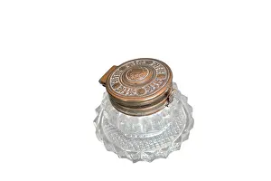 Inkwell: Glass ink well with brass lid