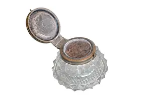 Inkwell: Glass inkwell with brass lid