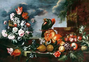 Morta: Glass vase with flowes, fruit