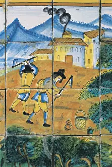 Mattock: Glazed tile with farmers working the land. Ceramics