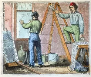 Renovation: Glazier and paper hanger working in a house. From