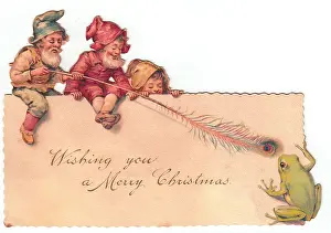 Tickle: Three goblins and a frog on a cutout Christmas card