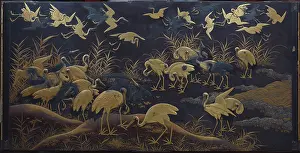 Lacquer: Gold Cranes on a black background