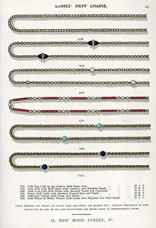 Streeter: Gold muff chains with amethyst beads, enamel bars, etc