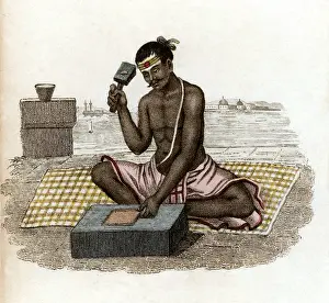 Ackermann: Goldbeater producing gold leaf: India. 1822