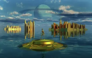 Surrounding: An golden alien civilization on a moon that orbits