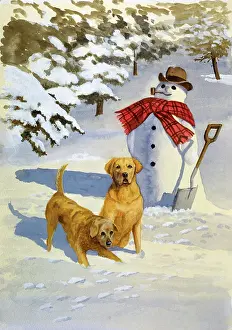 Snowmen: Two Golden Retrievers and Snowman