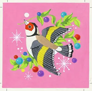 Baubles: Goldfinch on pink background - with leaves and baubles etc