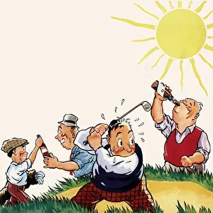 Golfers: Golfer in Sand Trap while Others drink Beer