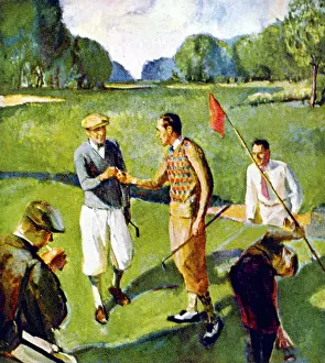 Golfing: Golfing scene -- five men on a green