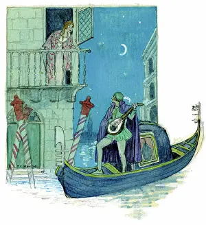 Serenading: Gondolier serenading a young lady on a balcony