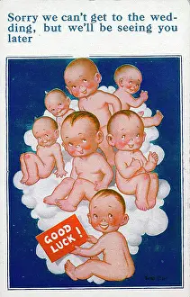 Births: Good luck wedding postcard, seven babies on a cloud