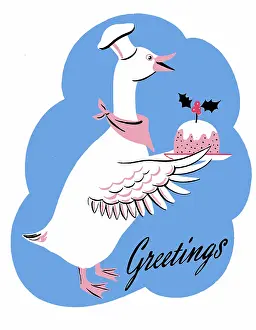Three Colour: Goose carrying a Christmas pudding