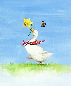 Comerford: Goose dancing with daffodil and butterfly