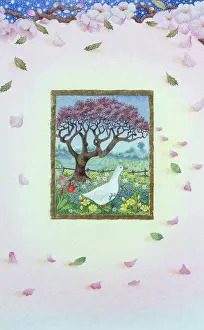 Nots: Goose in spring meadow with tree in blossom