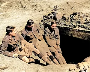 Gordon Highlanders relax outside dugout, WW1