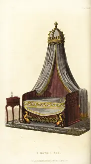Griffins: A Gothic bed in the florid style with bedside table