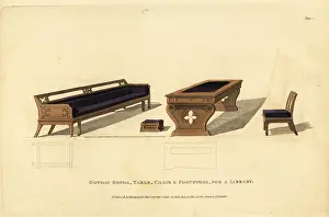 Regency Era: Gothic sofa, table, chair and footstool for a library, 1810