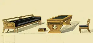 Footstool: Gothic Sofa, Table Chair and Footstool for a Library