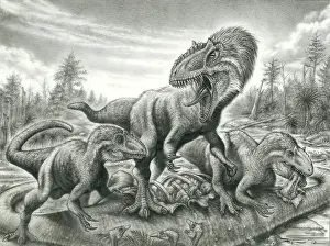 Threat: Graphite sketch of three Yutyrannus dinosaurs