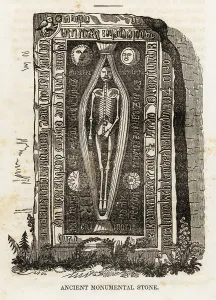 12th Century: Gravestone with skeleton inside a tied shroud, 12th century