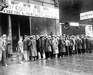 Storefront: The Great Depression. Unemployed men queued outside