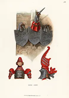 Baerze: Great helms and shields with heraldic crests, 14th century