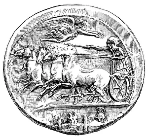 Charioteer: Greece, coin, reverse, image of a quadriga