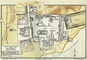 Meyers: Greece, Olympia, map of excavations, colour lithograph