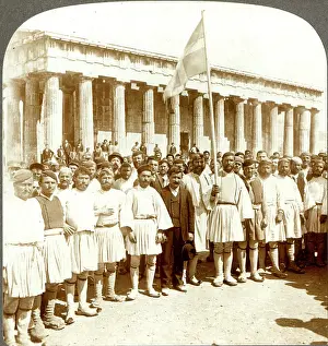 Stereo: Greek peasant army recruits in front of Temple of Theseus