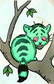 Lewin: Green cat in a tree on a postcard